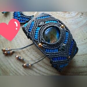 Stunning Micro Macrame Round Rainbow Labrodite w/ Blue Tiger Eye Bracelet